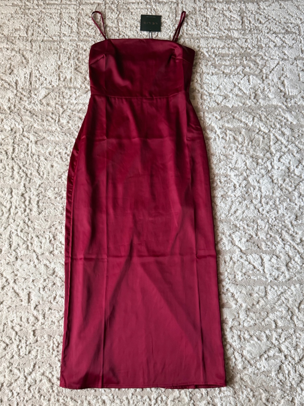 Le Lis Satin Strapless Burgundy Midi Dress with Spaghetti Straps